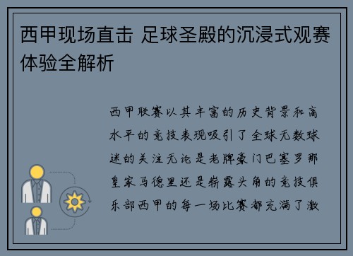 西甲现场直击 足球圣殿的沉浸式观赛体验全解析